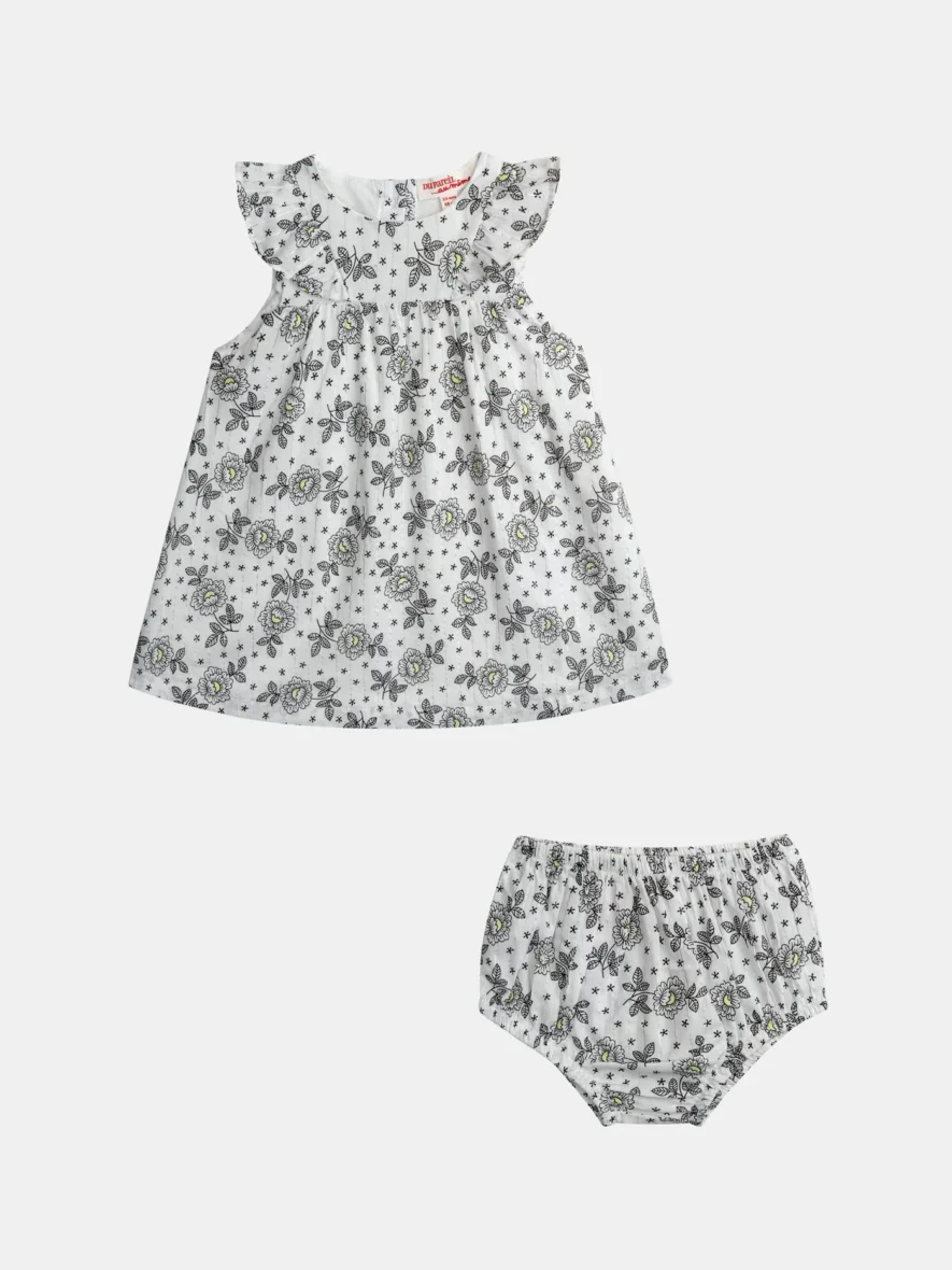 Robe fleurie pour bébé fille à épaules volantées avec bloomer