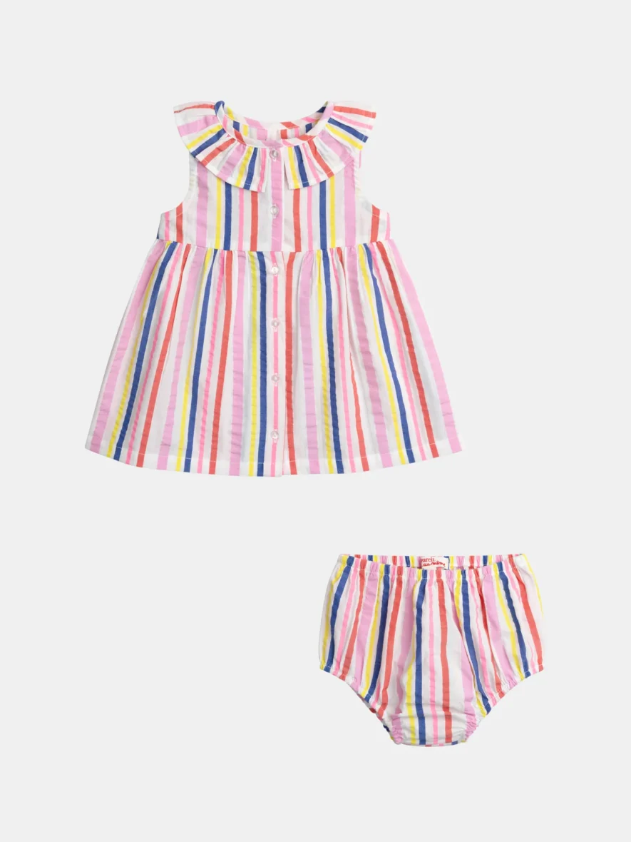 Robe à rayures multicolores et col volanté